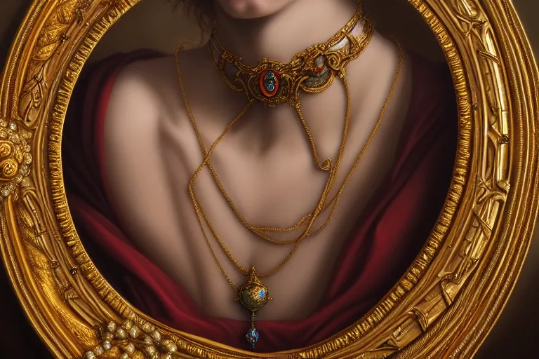 Image similar to highly detailed oil painting, historical, art nouveau, ornate, delicate, royal, renaissance, brilliant magical gemstones choker, around a neck, octane render, realistic, dramatic light, 3 d, photograph 4 k,