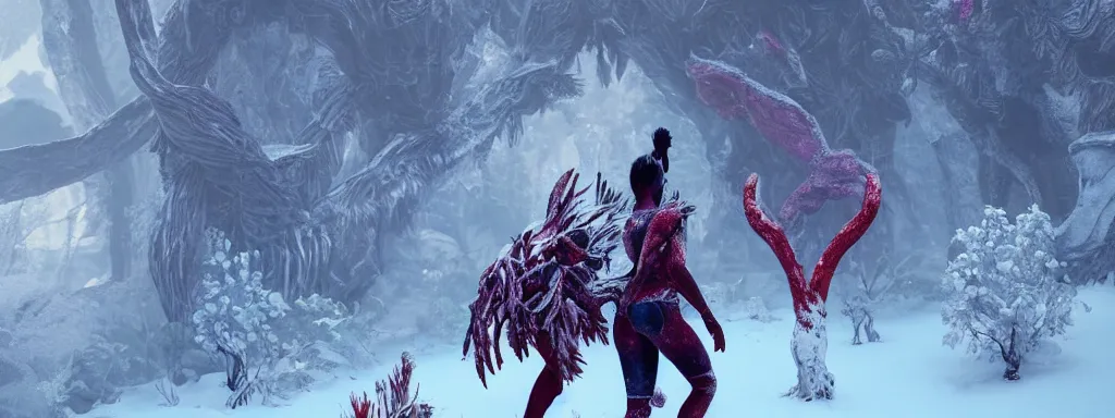 Image similar to muscular explorer woman walking forward in animal fur armour with crop top midriff, walking in a dense alien snow covered frosty jungle, with snow covered colourful red, blue and purple plants, large vines, snow covered arched organic rock structures, in the style of monster hunter world, like concept art on artstation, hyperdetailed, vray render, octane render,