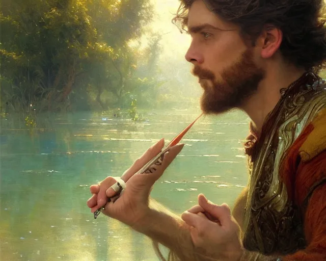 Image similar to attractive male wizard casting water spell in a beautiful lake. highly detailed painting by gaston bussiere, craig mullins, j. c. leyendecker 8 k