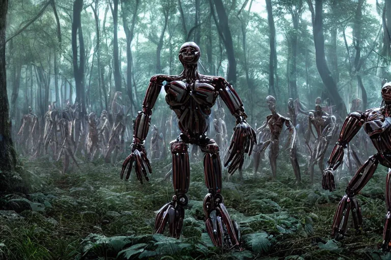 Prompt: 1 0 0 0 0 muscular humanoid robots fighting in the forest, hyper realistic, ambient lighting, concept art, intricate, hyper detailed, smooth, dynamic volumetric lighting, octane, raytrace, cinematic, high quality, high resolution, 4 k, cgsociety, rutkowski, gurney, h. r. giger