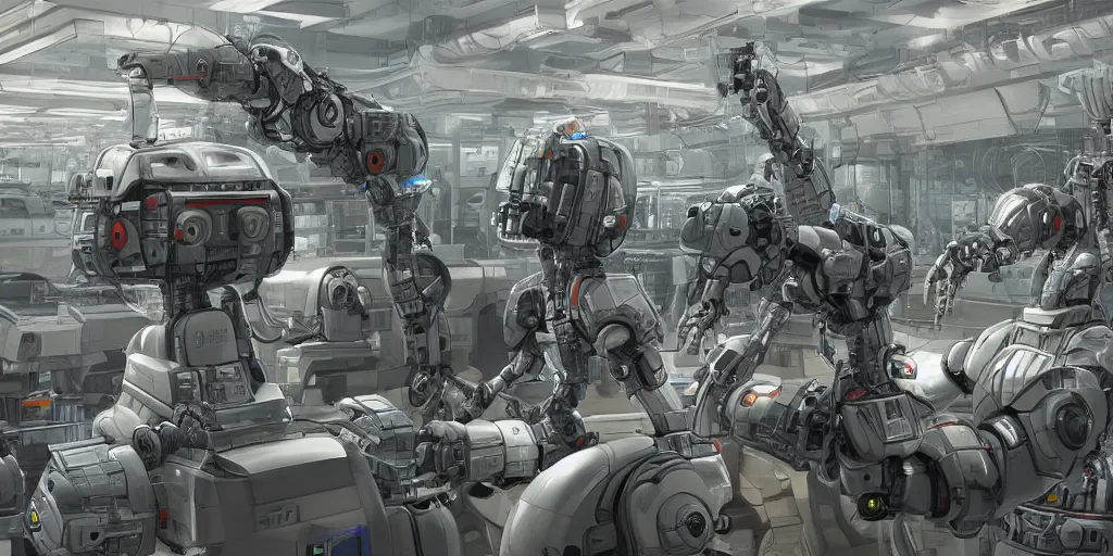 Image similar to a sci-fi factory where they make robots for the military, art, high detail, high definition, 8k,