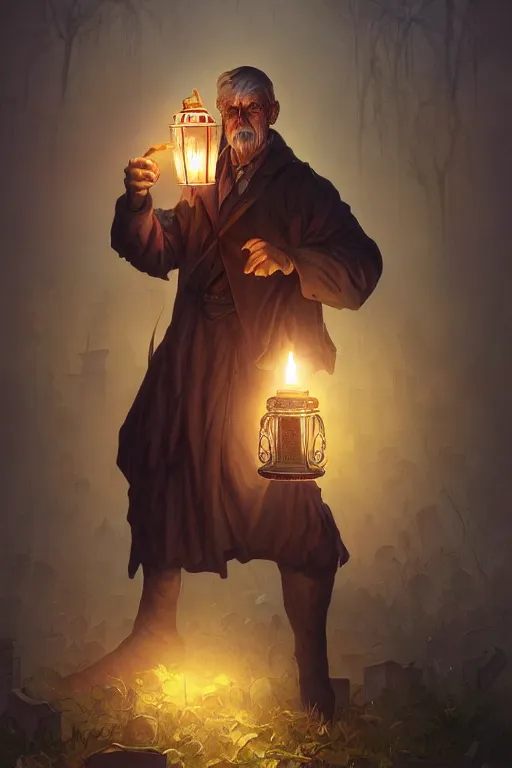 Prompt: male senior holding a lantern in a cemetery several zombies, highly detailed, digital painting, artstation, concept art, smooth, sharp focus, illustration, art by artgerm and greg rutkowski and alphonse mucha and andrei riabovitchev