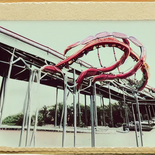 Image similar to a haunting polaroid photo of a twisting roller coaster made out of shrimp