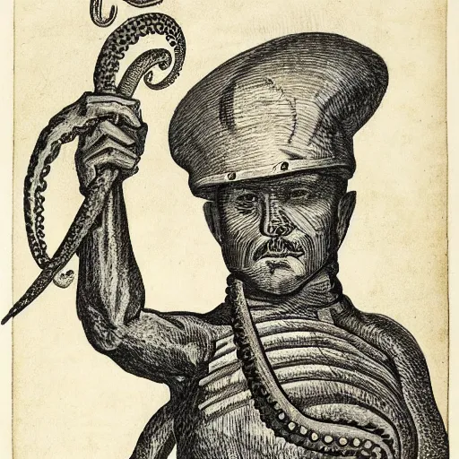 Image similar to A British colonial soldier with an octopus head, engraving, ink, black and white, 14th century