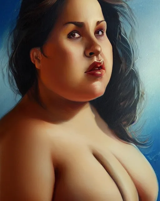 Prompt: upper body portrait of a gorgeous woman, obese, muscular, wearing bikini. oil on canvas, black oil bath, illustration. beautiful face!!! in the style of charlie bowater, alain aslan, karol bak.