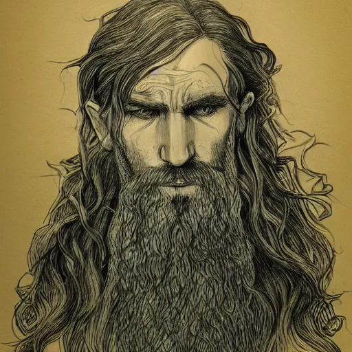 Image similar to bearded male druid gray skin pointy ears with vines as hair detailed drawing tolkien