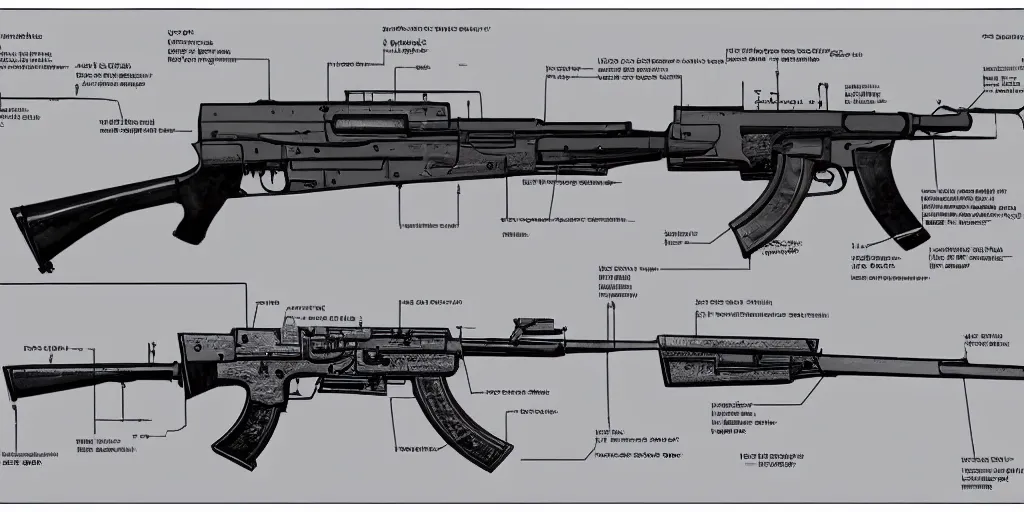 Prompt: CAD drawing, exploded view, schematic of an AK47 rifle