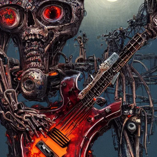 Image similar to death robot shredding flaming guitar, standing in ruined burning street by Yoshitaka Amano, by HR Giger, biomechanical, 4k, hyper detailed, hyperrealism, anime, a Blood Moon rising on a Broken World, deviantart, artstation