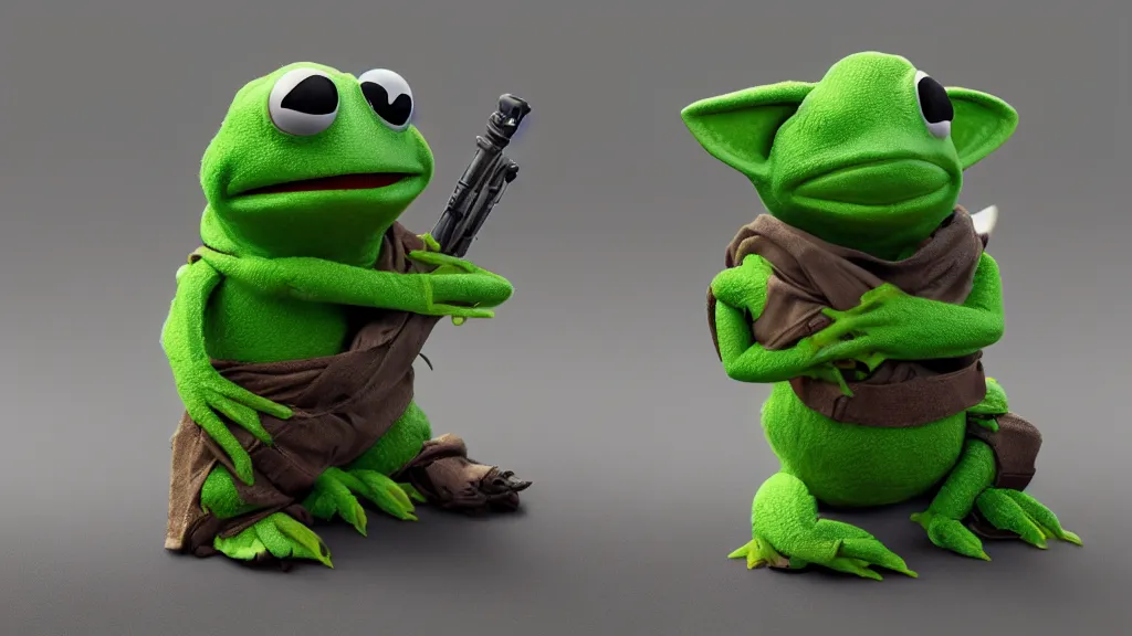 Prompt: Mandalorian holding Kermit the frog dressed as baby Yoda, hyper realism, high detail, vivid colors, octane render, unreal engine