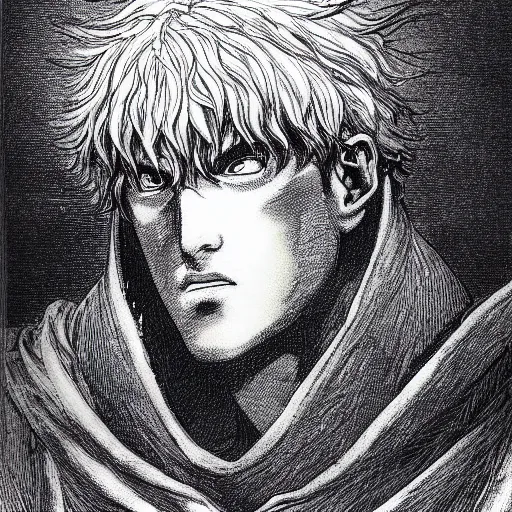 Image similar to a beautiful portrait of man by kentaro miura and gustave dore, berserk style, hyperdetailled manga character