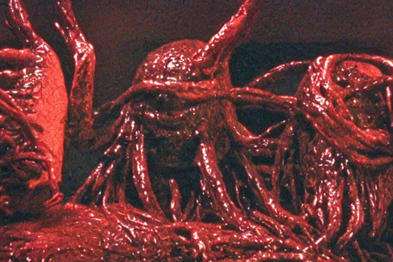 Image similar to filmic wide shot angle movie still 35mm film color photograph of a shape shifting horrific nightmarish abstract organism from The Thing 1982 with multiple limbs and heads decapitating a doctor with splattering blood in the style of a horror film