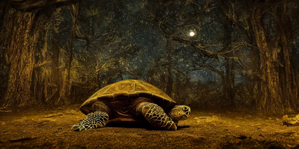 Prompt: huge turtle with in a ancient bioluminescent forest on its back, full moon, moody lighting, 8 k, shallow depth of field, intricate detail,