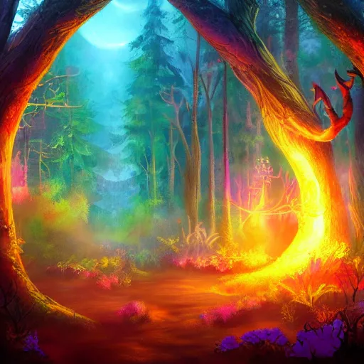 Image similar to enchanted magical forest on magical colorful fire , digital painting , digital art , artstation , devian art , 4k , HD