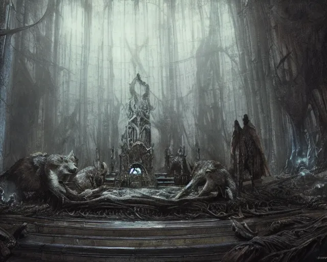 Image similar to king of the wolves - fantasy, inside the king's hall wolves and their treasures, ethereal, ominous, misty, 8 k, by h. r. giger and greg rutkowski