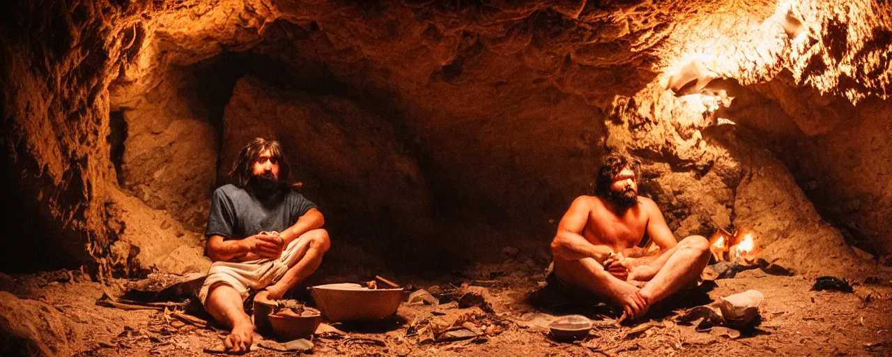 Prompt: caveman sitting alone next to a fire and a giant mound of spaghetti in a cave at night, canon 5 0 mm, super detailed face, facial expression, cinematic lighting, photography, retro, film, kodachrome