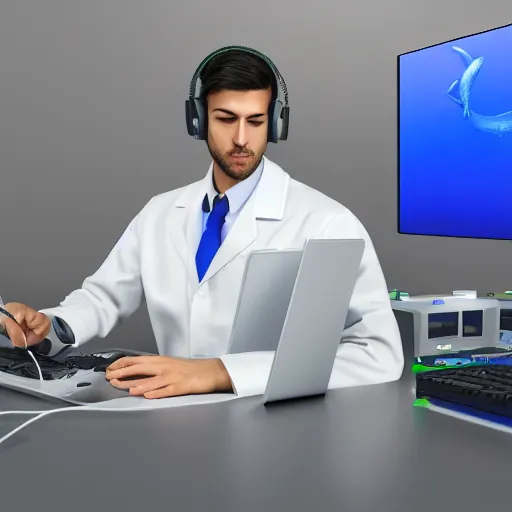 Image similar to An anthropomorphic grey dolphin in a white lab-coat playing games on a computer, digital painting, close-up, wearing a headset