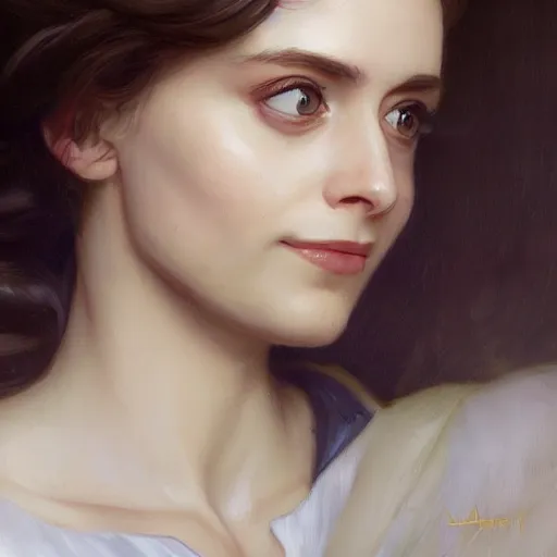 Image similar to a portrait painting of alison brie / anne hathaway / rachel lane hybrid in the oil painting unreal 5 daz. rpg portrait, extremely detailed artgerm greg rutkowski alphonse mucha vladimir volegov