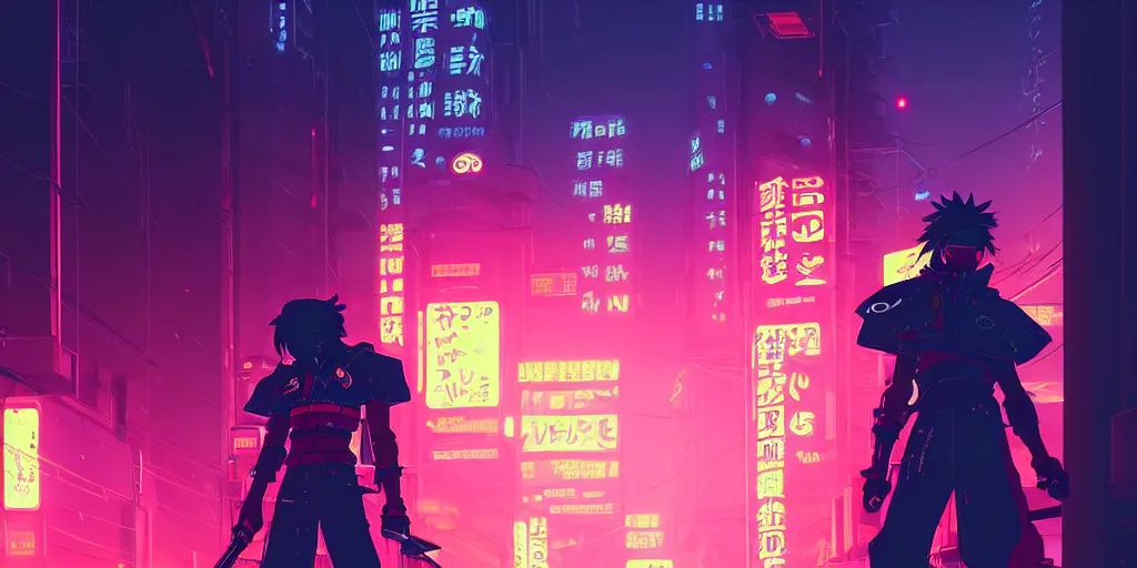 Image similar to digital illustration closeup of cyberpunk samurai in city street at night by makoto shinkai, ilya kuvshinov, lois van baarle, rossdraws, basquiat | afrofuturism, in the style of hearthstone, trending on artstation | cool color scheme