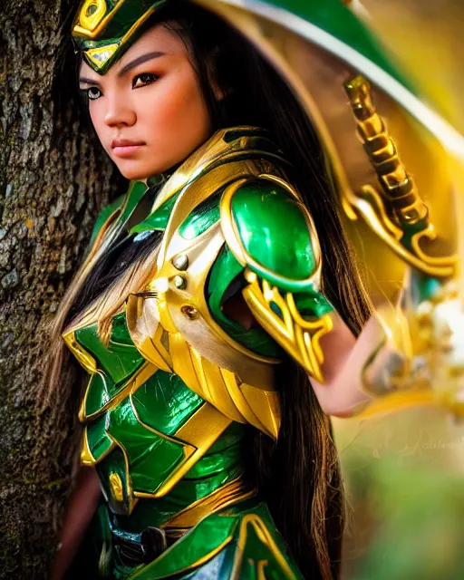 Image similar to a beautiful close up photo of a Filipina female elf ranger with long hair and green eyes, no helmet, wearing green and gold futuristic mecha armor, with ornate rune carvings and glowing lining, very detailed, shot in canon 50mm f/1.2