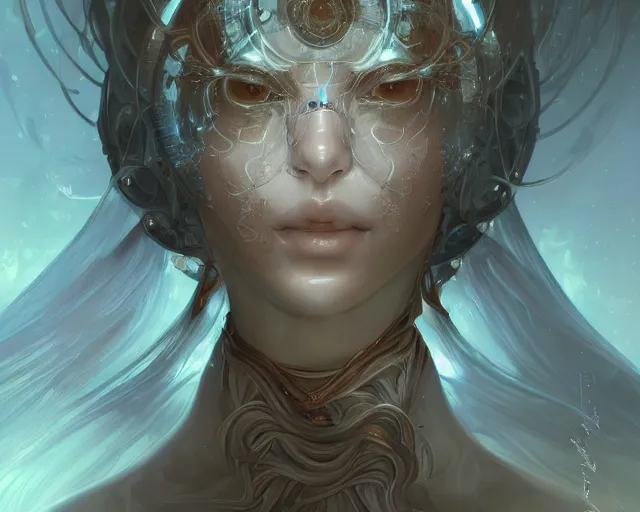 Image similar to portrait of a beautiful cybernetic emanation from the book \'angelarium\', by pete mohrbacher and artgerm and wlop, digital art, highly detailed, intricate, fantasy, mystical, Trending on Artstation HQ, deviantart, unreal engine, 4K UHD image