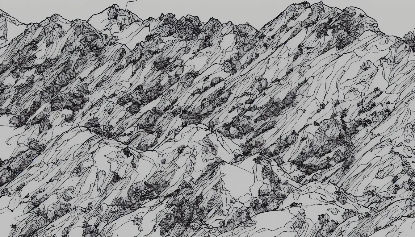 Image similar to backpacking over mountain ridgeline, minimalist line art by moebius, clean long lines, ultra detailed