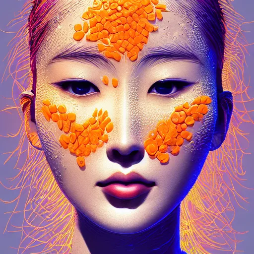 Image similar to the head of an incredibly beautiful and elegant korean woman partially made of carrots and blueberries looking up, an ultrafine detailed illustration by james jean, final fantasy, intricate linework, bright colors, behance contest winner, vanitas, angular, altermodern, unreal engine 5 highly rendered, global illumination, radiant light, detailed and intricate environment