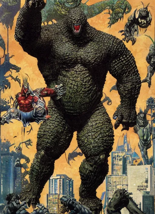 Image similar to full body and head single character portrait of martyn ford and godzilla hybrid as marvel mutant, dynamic action, painted by norman rockwell and phil hale and greg staples and tom lovell and frank schoonover and jack kirby