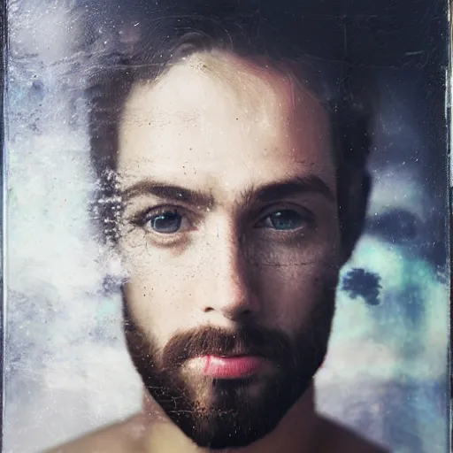 Prompt: A double exposure of a 4x5 styled portrait of a man coupled with an abstract oil-on-canvas painting, bokeh, shallow depth of field, ethereal, fog
