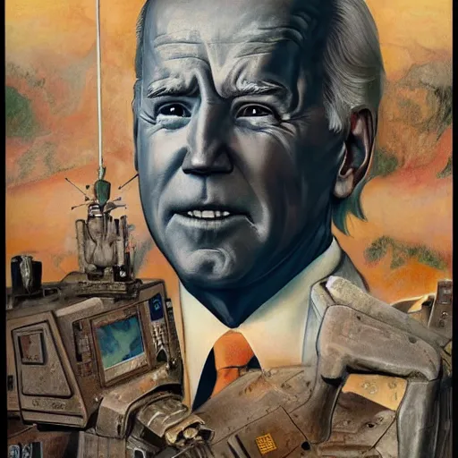 Image similar to terrifying, surreal portrait of joe biden with face sloughing off to reveal robot underneath l by j. c. leyendecker, bosch, william blake, stephen gammell, jon mcnaughton, and beksinski