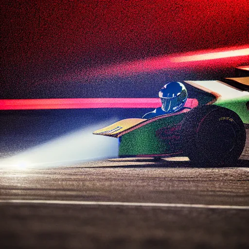Image similar to young go - kart racer taking a corner at speed on a race track, motion blur lights, laser, smoke, debris, fast movement, light streaks, dark mood, night time, formula 1