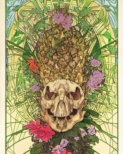 Image similar to Poster of a tiger skull with pineapple leaves growing out of the top art surrounded by varities of flowers, cell shading, by Alphonse Mucha, Moebius, hiroshi yoshida, Art Nouveau, colorful, ultradetailed, vivid colour, 3d