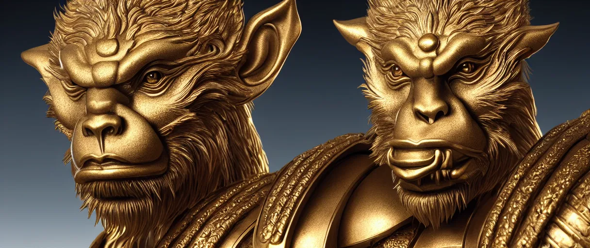 Image similar to hyperrealistic highly detailed bust portrait of an art deco sun wukong with iridescent armor sharp concept art wayne barlowe cinematic lighting 8k low angle shallow depth of field