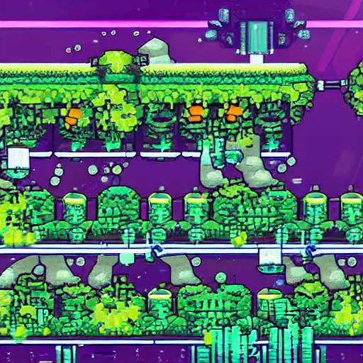 Prompt: hydroponics laboratory in the colony ship travelling to the outer worlds, incredible details :: 2d platformer game screenshot :: plant monster boss fight :: 16 bit pixel art