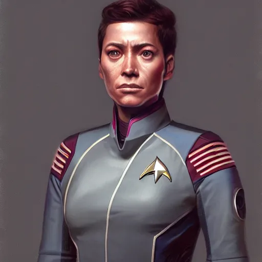 Image similar to UHD Photorealistic Felline-human hybrid Starfleet Officer wearing a spacesuit with hyperrealistic, correct details, cosmic dynamic lighting, symmetrical face, accurate face, by Greg Rutkowski