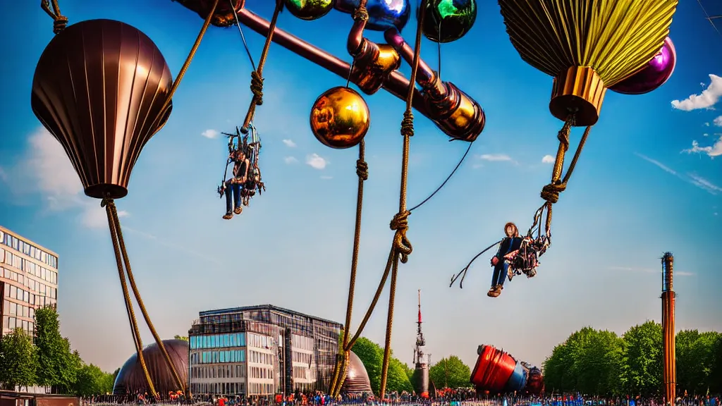 Prompt: large colorful futuristic space age metallic steampunk steam - powered balloons with pipework and electrical wiring around the outside, and people on rope swings underneath, flying high over the beautiful berlin city landscape, professional photography, 8 0 mm telephoto lens, realistic, detailed, photorealistic, photojournalism