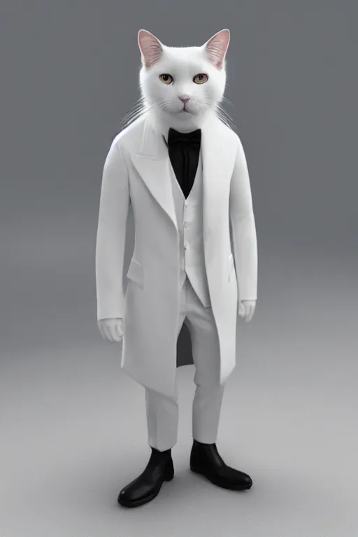 Image similar to a white cat wearing a formal overcoat, hyperrealistic, concept art, octane render, unreal engine 5, trending on DeviantArt, highly detailed, high quality, 8K, soft lighting, cute, natural lighting, realistic face, trending on Artstation, elegant clothes, profile picture, path traced, house background