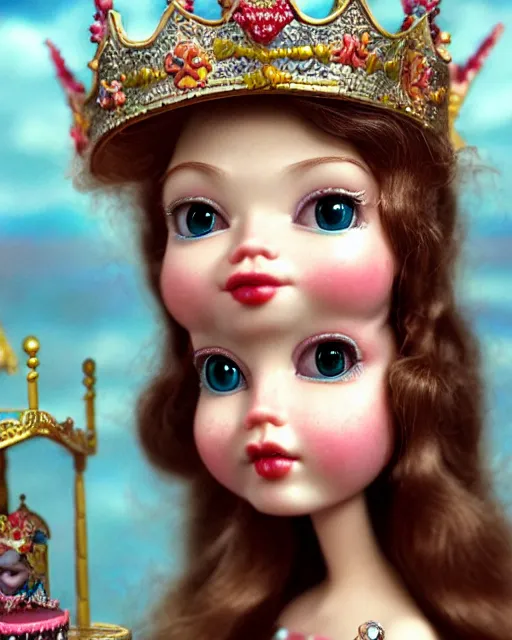 Prompt: highly detailed closeup, face profile portrait of a tin toy fairytale princess wearing a crown eating cakes, bikini, unreal engine, nicoletta ceccoli, mark ryden, earl norem, lostfish, global illumination, detailed and intricate environment