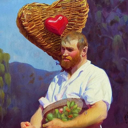 Prompt: a beautiful painting of a scottish instagram heart farmer. in his arm he has a basket full of hearts. in style of ilya repin, trending on artstation