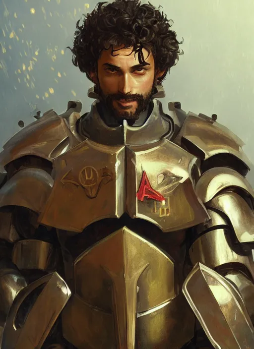 Prompt: medium-length portrait of a male paladin with short curly hair and a dark beard, dark brown skin, happy expression, wears a suit of power armor, gundam, medieval setting, highly detailed, digital painting, artstation, concept art, sharp focus, illustration, art by greg rutkowski and alphonse mucha