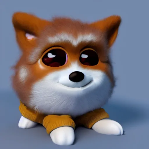 Image similar to a furby corgi, 3 d render, concept art