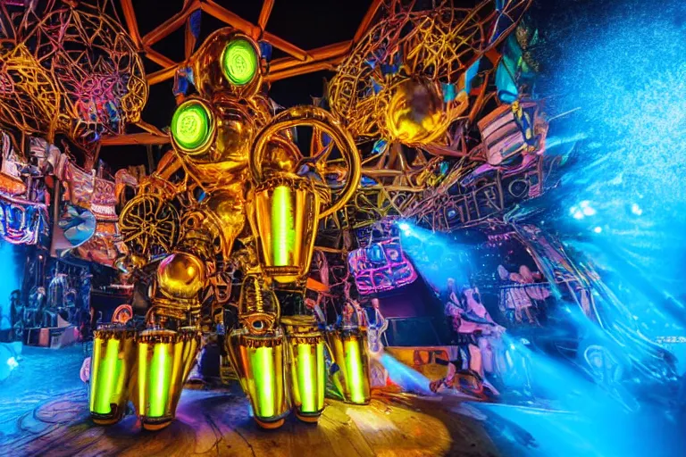 Image similar to scene is elrow party in ushuaia in ibiza, portrait photo of a giant huge golden and blue metal steampunk robot, with gears and tubes, eyes are glowing red lightbulbs, shiny crisp finish, 3 d render, 8 k, insaneley detailed, fluorescent colors, haluzinogetic, background is multicolored lasershow