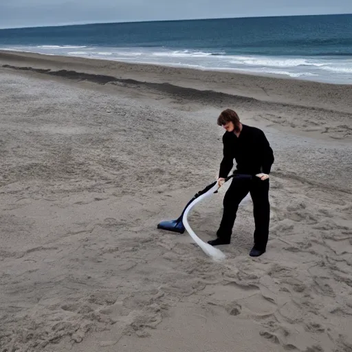 Image similar to anakin skywalker vacuuming the beach to remove sand