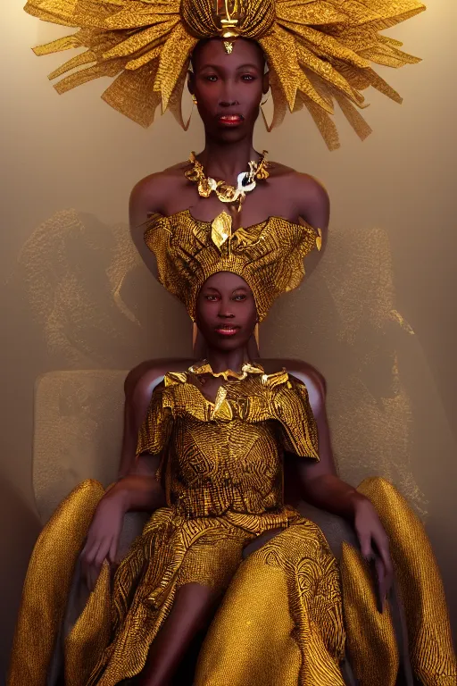 Image similar to a photorealistic portraitof a detailed african queen wearing a golden dress during her coronation worship, tarot, religious, backlit, hyperrealistic, ultrawide angle, smooth, texture, intricate, fantasy, trending on artstation, volumetric lighting, hyperdetailed, 3 d sculpture, unreal engine