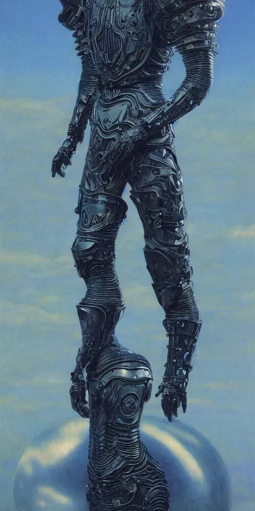 Image similar to full body portrait of beautiful gothic and futuristic fashion model, open space armour, cyber armour, highly detailed, artstation, illustration, composition, 8 k quality, art by jean delville, rene magritte, hyperrealism oil painting