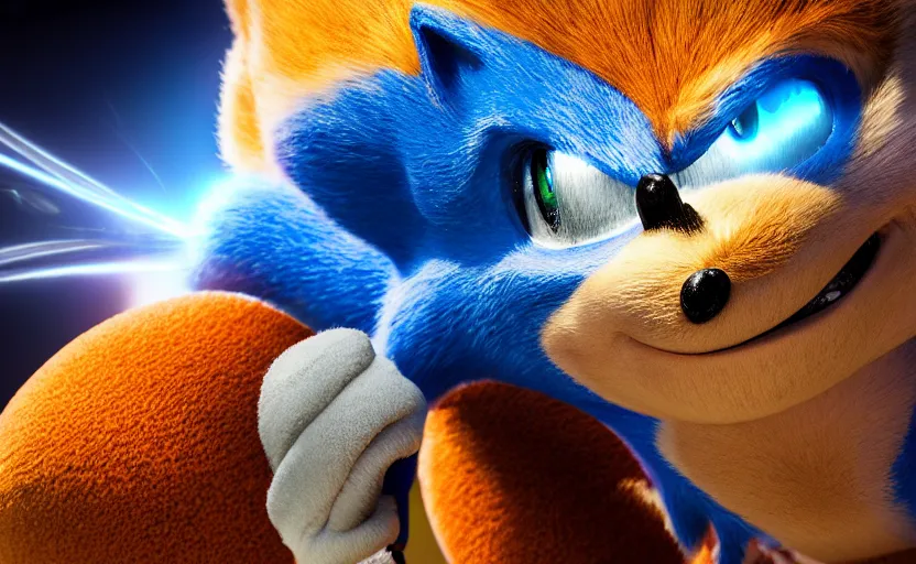 Image similar to a stunning cinematic closeup of sonic, movie scene, high details, Raytracing, octane render, vivid colors, 32k, denoise, 3d shaders, ambient occlusion, 3d reflections, sub surface scatter, renderman, visual effects, lens flare, halation, chromatic aberration, high sample render, deep colors, dramatic lighting