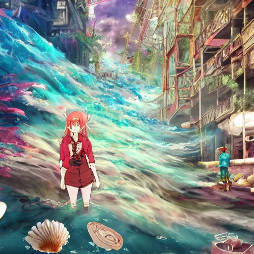 Image similar to painted anime background of a flooded underwater slums shopping district located by a waterfall and built from various sea shells and corals and being reclaimed by nature, seaweed, light diffraction, litter, steampunk, cyberpunk, cool colors, caustics, anime, vhs distortion, shot underwater looking up, inspired by splatoon by nintendo, art created by miyazaki