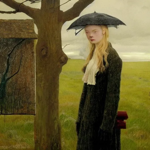 Image similar to Elle Fanning in the world of Andrew Wyeth, stormy weather, extremely detailed masterpiece, oil on canvas, Roger Deakin’s cinematography, by Norman Rockwell,