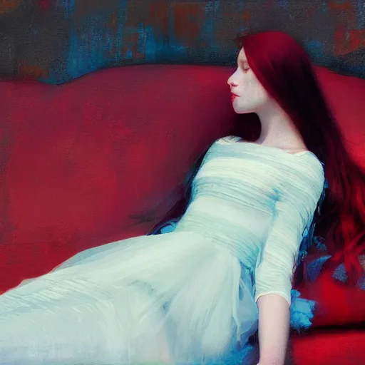 Image similar to young woman, long red hair, transparent white dress, lying on a red sofa, blue green colorscheme, desaturated colors, cinematic, painted in the style of jeremy lipking