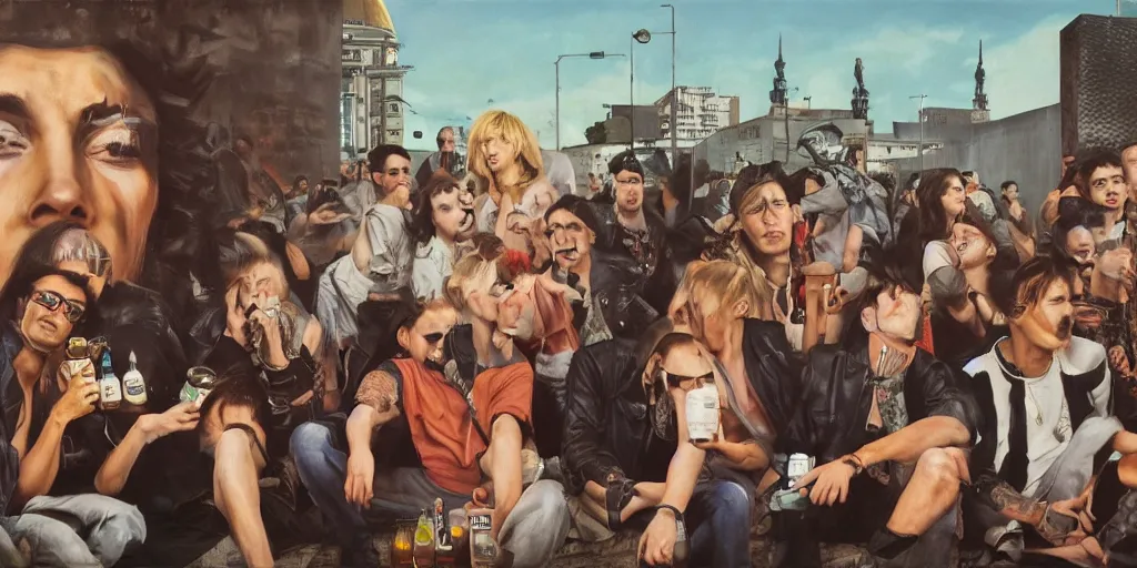 Prompt: beautiful oil matte portrait painting, 8 0 s punks sitting on the berlin wall drinking bottles of beer and listening to a boombox, wonderful masterpiece highly detailed, beautiful cinematic light deep focus, elegant, digital painting, smooth, sharp focus, golden ratio, dramatic illumination, ultra realistic, 8 k, art by jimmy law