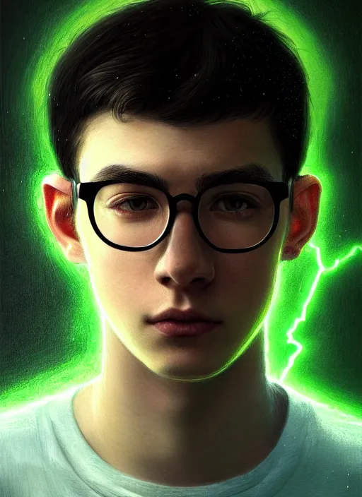 Prompt: portrait of 1 7 - year - old boy thin face, black hair, green eyes, round glasses, scar on forehead as a bolt of lightning, intricate, elegant, glowing lights, highly detailed, digital painting, artstation, concept art, smooth, sharp focus, illustration, art by wlop, mars ravelo and greg rutkowski